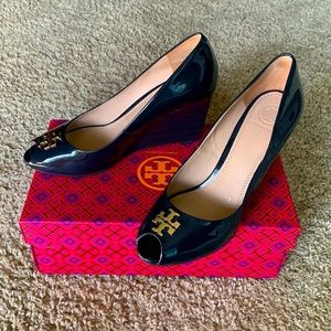 Tory Burch Patent Leather Navy Peep Toe Wedges